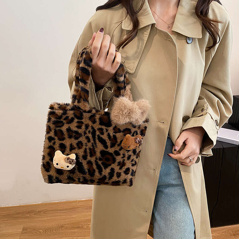 Furry Leopard Print Handbag Winter Cute Plush Black Leather Kt Cat Girl Y2k Commuter Bag