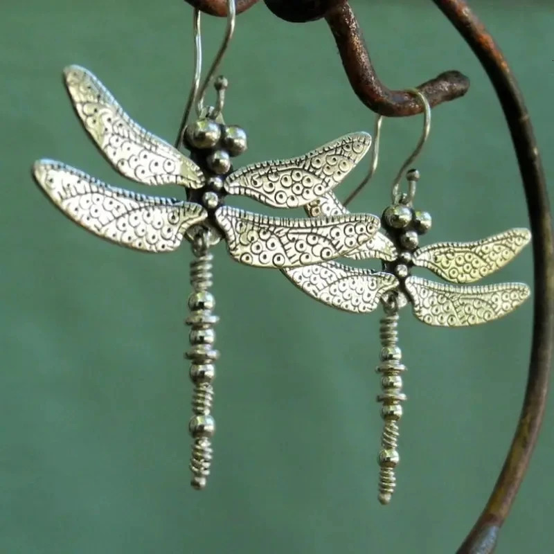 Vintage Dragonfly n Carved Pattern Dangle Earrings Retro Bohemian Style Silver Color Jewelry Trendy Female Ear Ornaments 250715