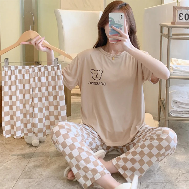womens summer threepiece pajamas homewear women shortsleeved trousers cartoon leisure set 250717