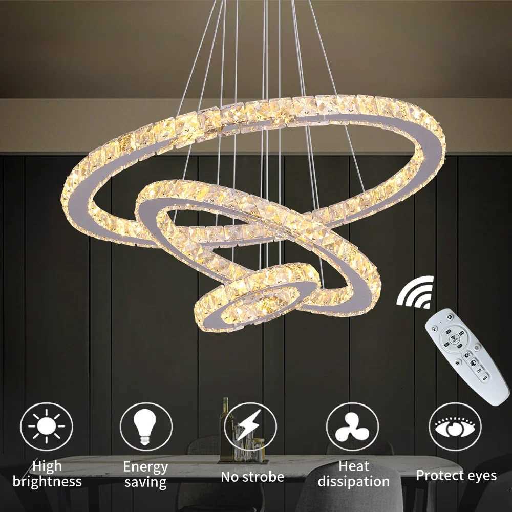 Luxury Crystal Led Chandelier Lamp Home Luminaire Rings Adjustable Pendant Light Fixture With Remote Control Bedroom Living Room XJ250725