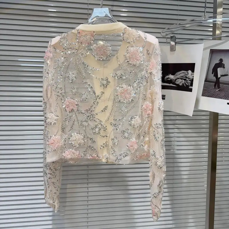 Spring Summer Women Pearls Beaded 3D Flowers Embroidery Sequin Organza Short Jacket Mesh Spliced Floral Coat Cardigan Tops 250725