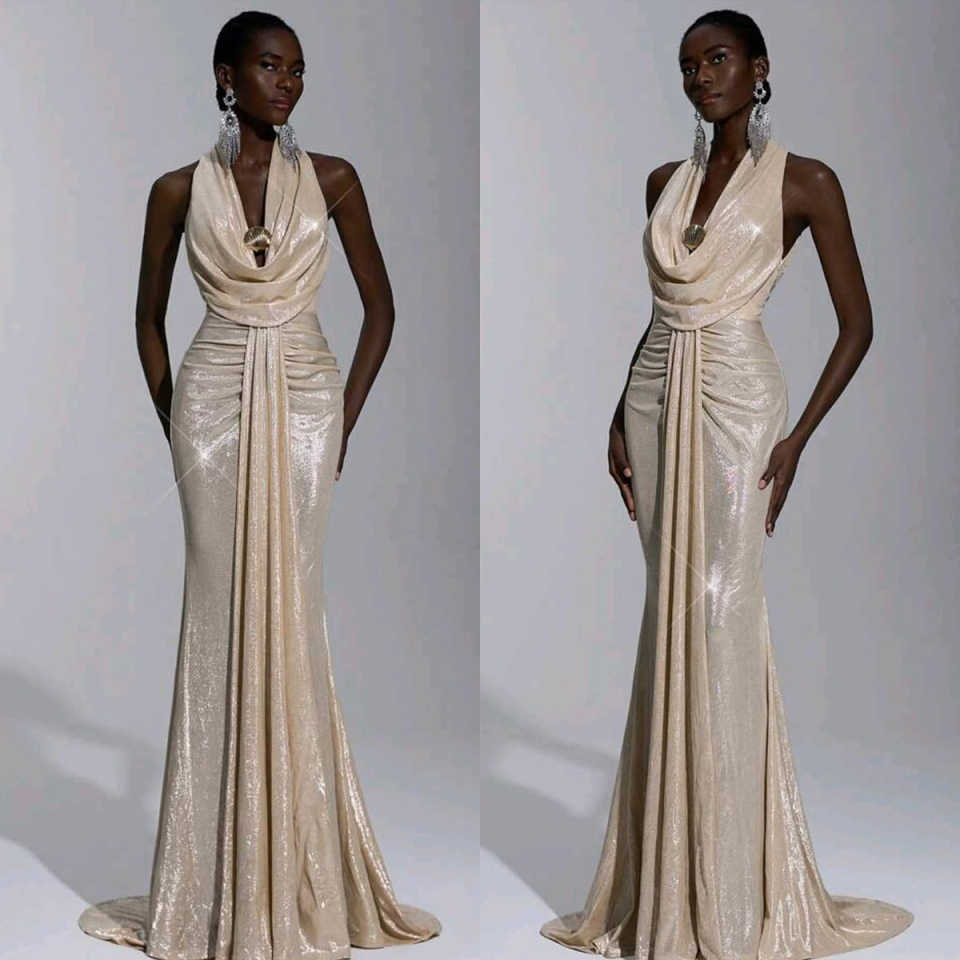Shining Evening Dresses Mermaid Halter Sleeveless Gold Sequins Women Prom Gowns Party Dresses Customized