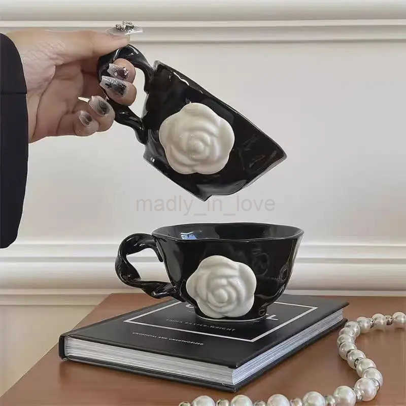 Creative French Style Camellia Coffee Cup With Saucer Handcrafted Irregular Flower Black Ceramic Mug Korean 3D White Rose Cup M250726