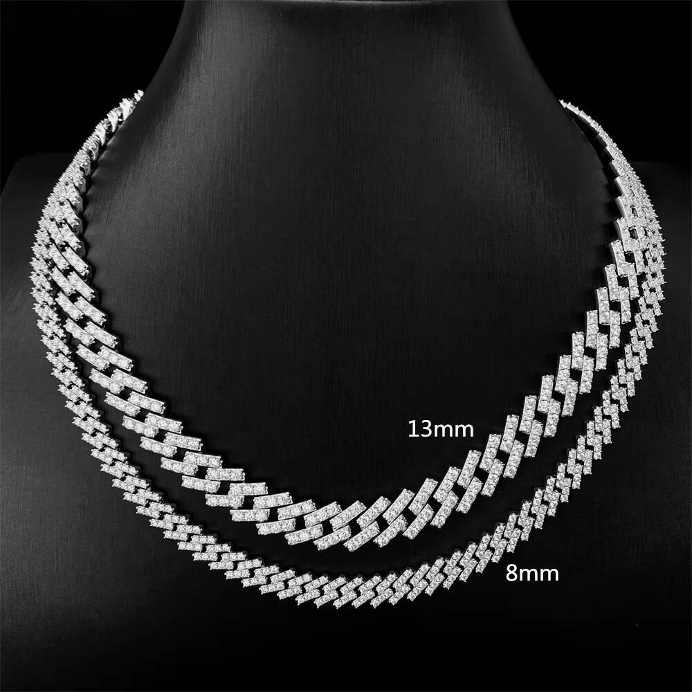 Mens Hip Hop 925 Sterling Silver 13mm Single Row Moissanite Diamond Cuban Chain Necklace