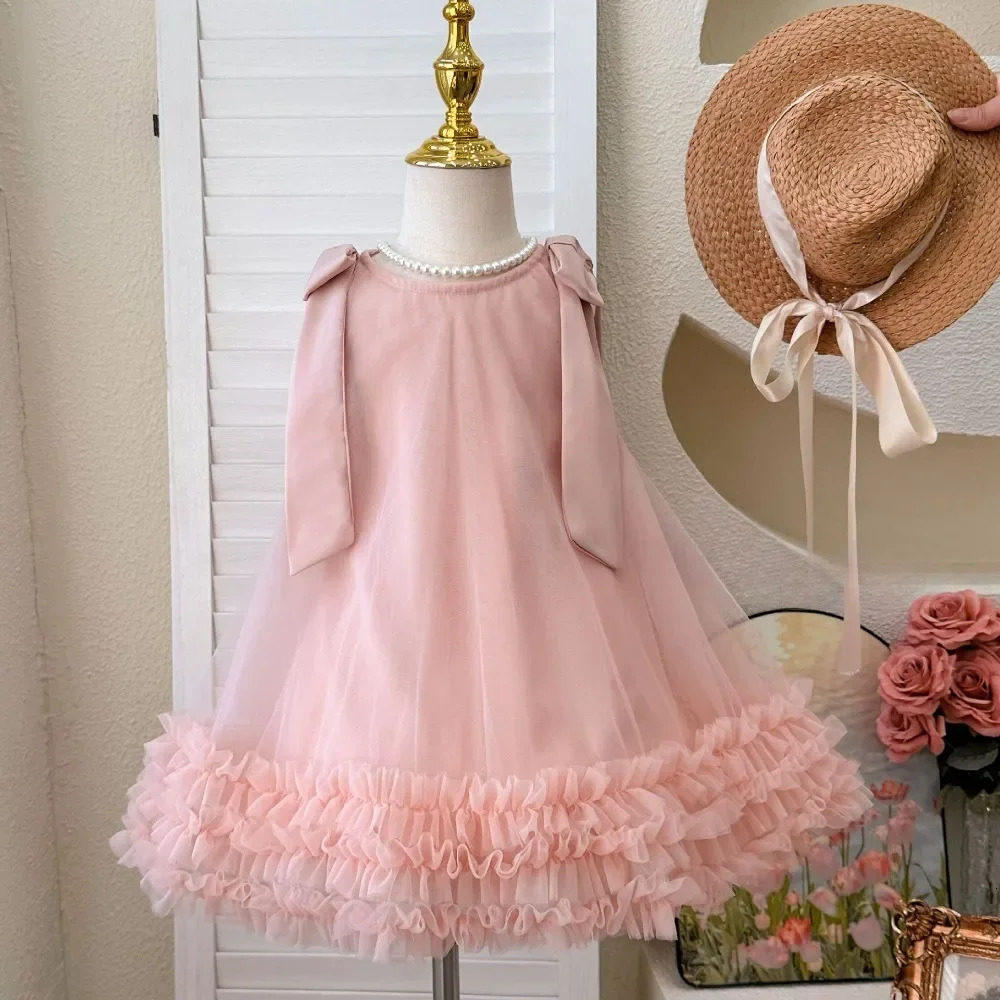 Pink Dreamy Sweet Girl Fairy Princess Dress Sleeveless with Bow Decoration Mesh Lace Childrens Casual Clothes Birthday Party Summer 250725