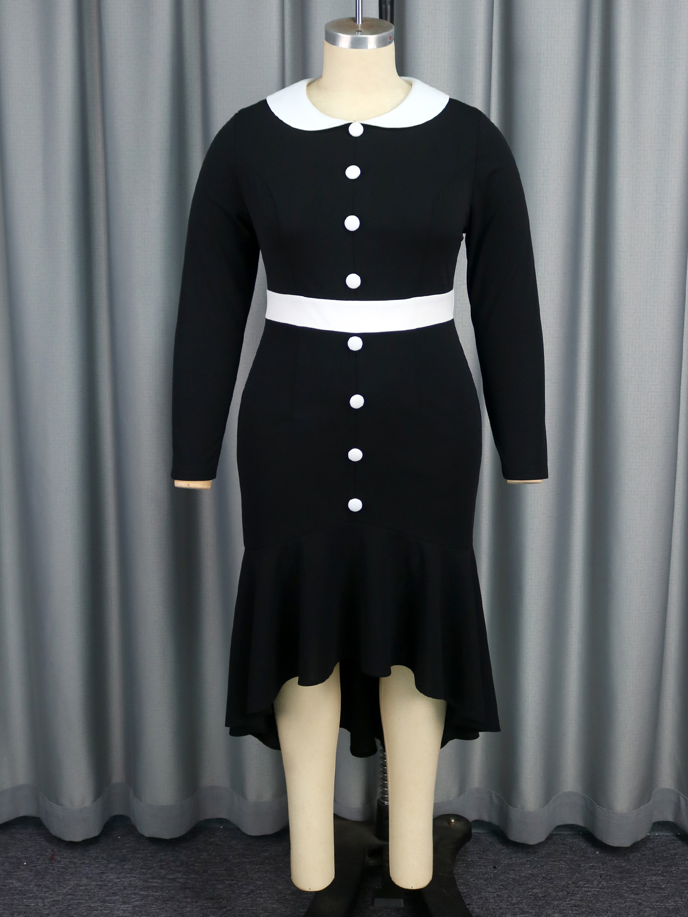 AOMEI Black Autumn Holiday Knitted Casual Midi Dresses Ruffle Lapel Collar Long Sleeve Plus Size AM050135