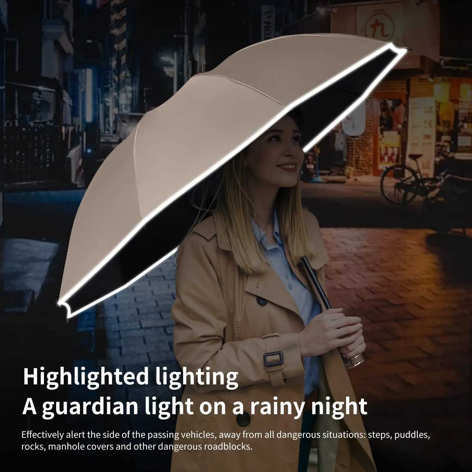 Big Windproof Strong Umbrella with Reflective Stripe Reverse Automatic Fold UV Umbrella for Rain Sun Carabiner Handle Luxury S250726