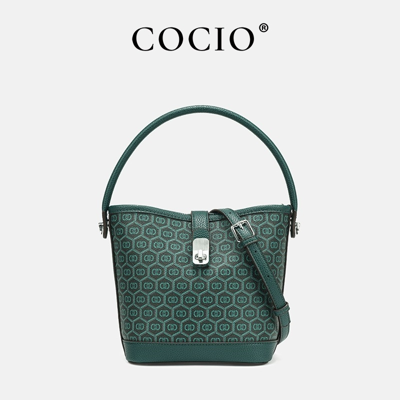 COCIO designer bag New peacock green genuine leather bucket bag simple versatile multi compartment handbag niche design hot selling womens bag