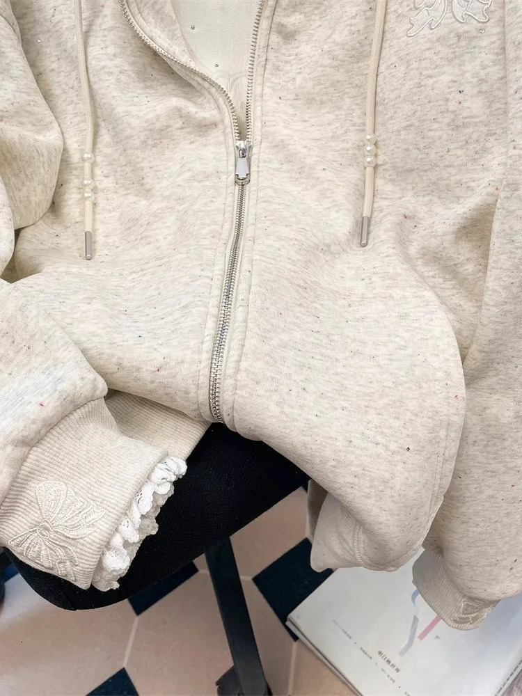 Grey Heavy Duty Nail Bead Embroidered Bow Hoodie Coat For Women Sweet Lazy Zipper Style Lace Splicing n Hoodie Top 250725