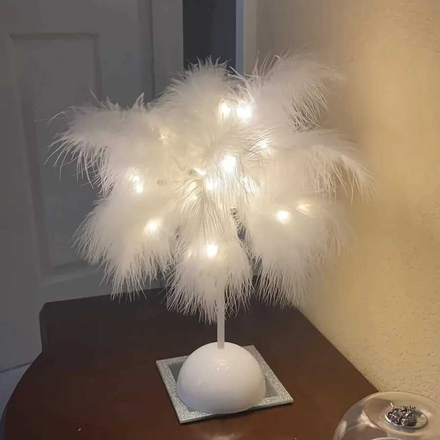 Creative Feather Table Lamp Warm White Light Tree Feather Lampshade Girl LED Wedding Decorative Lights Birthday Gift Home Decor XJ250725