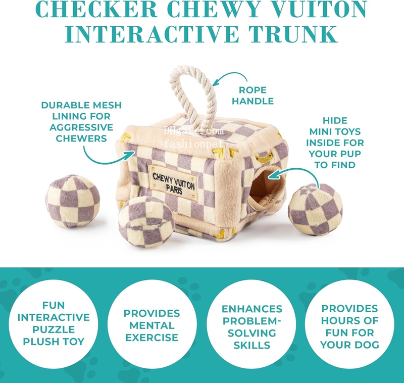 Plush Designer Dog Toys with Interactive Squeaker, Checker Chewy Vuiton Trunk Activity House, Chewing Accessory Handbag Ball Shape Luxury Pet Squeaky 