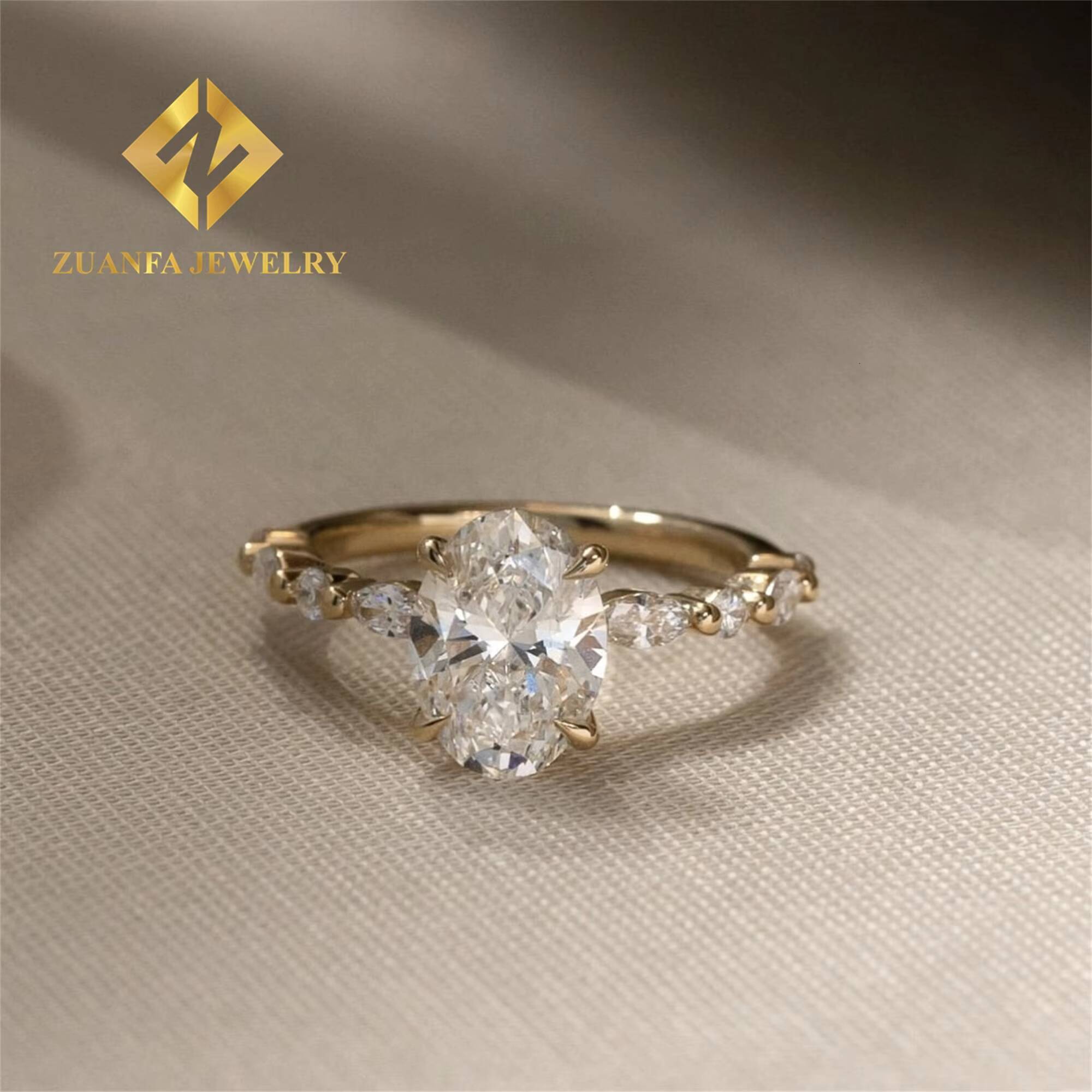 Luxury 14k Yellow Gold Boutique Bridal Wedding Jewelry Flawless Oval +Marquise Moissanite Diamond Engagement Wedding Band Ring