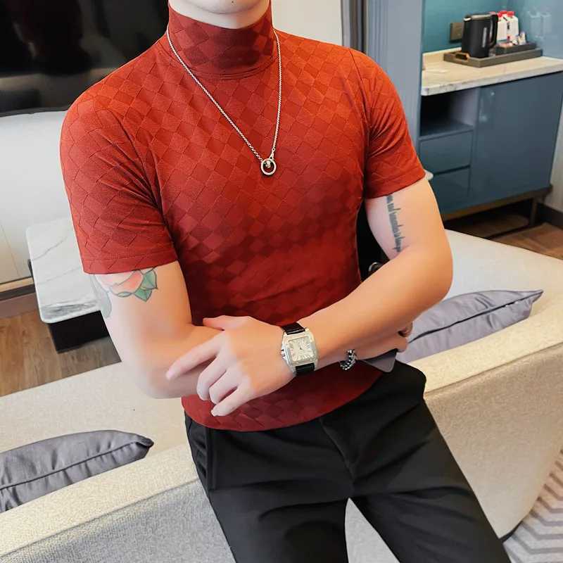 Summer Plaid T-Shirts For Men Fashion Clean Fit Short Sleeve Mens Casual T Shirt All Match Breathable High Collar Turtleneck Z250725
