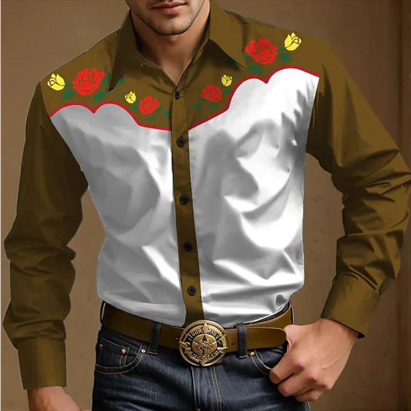 Western Shirt Mens Denim Print buttonup Outdoor Festival top Soft and comfortable vintage lapel shirt 250725