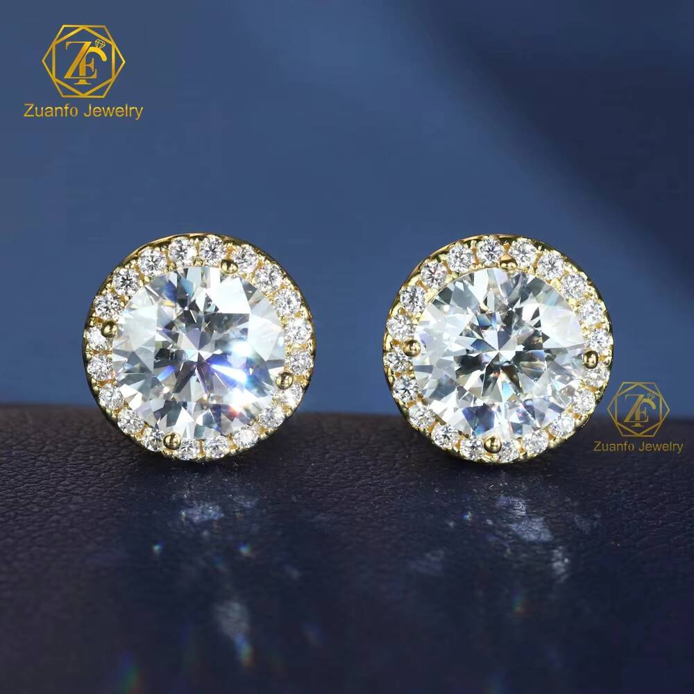ZuanfoJewelry Eye Catching Round Shape Halo Earring D VVS 5/6.5/8MM Moissanite Earring Pass Diamond Tester 925Silver Gold Plated