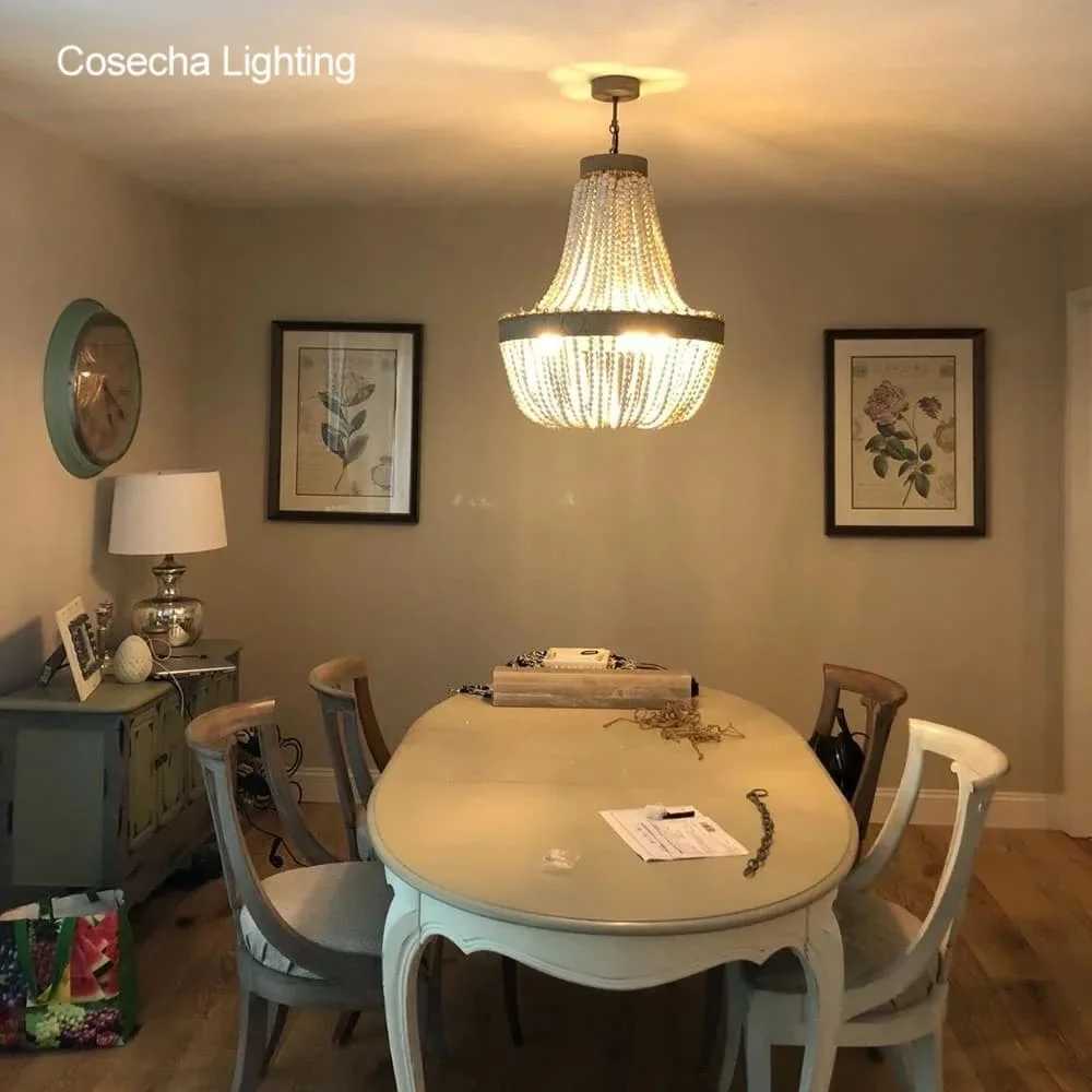 French Antique White Wood Bead Chandeliers Vintage Gray Beaded Farmhouse Chandelier Lighting Bedroom Dining Room Retro LightXJ250725