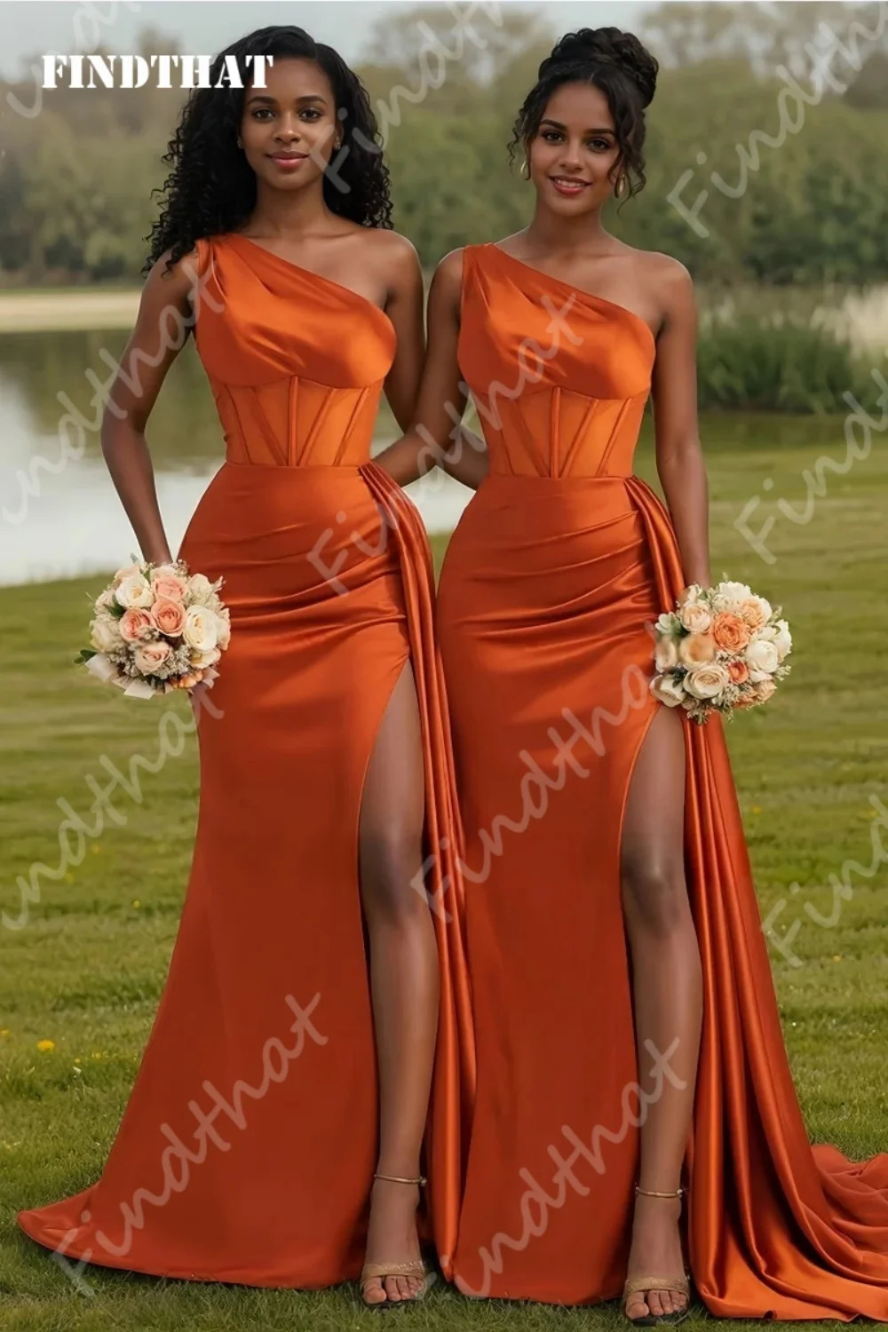 Findthat High Slit Mermaid Bridesmaid Dress for Party One Shoulder Orange Long Evening Prom Wedding Guest Customized 250725