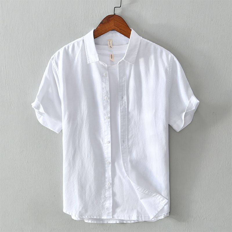 Breathable Shirt Men's Short Sleeve Slim Fit Top Summer Thin Turn-down Collar Youth Cotton Linen Casual White Mengyu