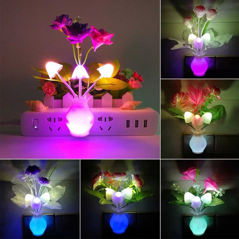 Novelty LED Night Light With Auto Sensor Energy Saving Rose Flower Mushroom Plug-in Lamp for Bedroom Living Room Kitchen XJ250725