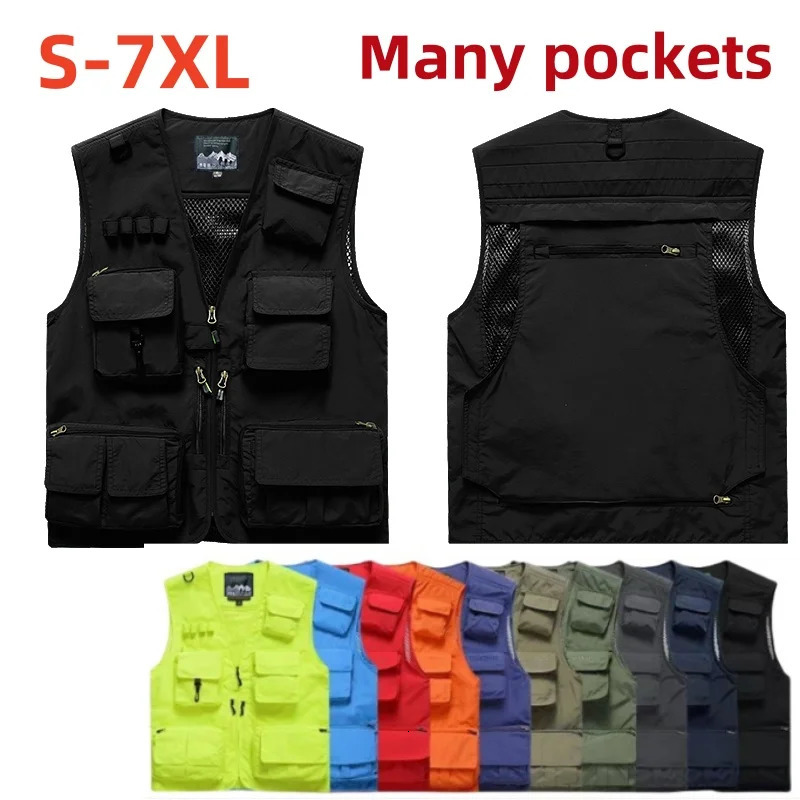 Camping Work Vest Multi Pocket Hunting Multipocket Man Fashion Leather Vests for Men Sleeveless Jacket Summer Mesh Motorcyclist 250725