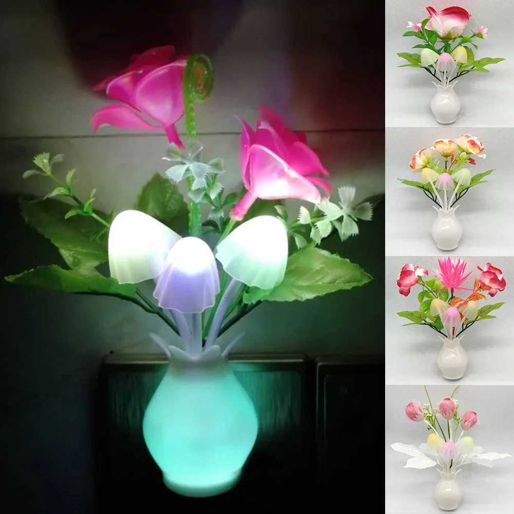 Novelty LED Night Light With Auto Sensor Energy Saving Rose Flower Mushroom Plug-in Lamp for Bedroom Living Room Kitchen XJ250725