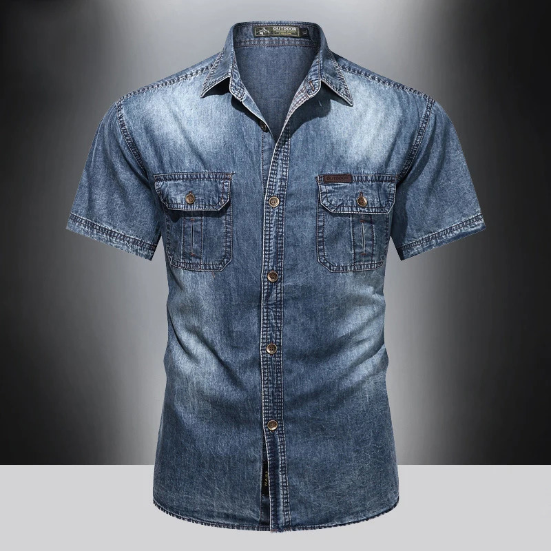 Summer menspure cotton denim short sleeved shirtAmerican loose fitting workwear topice silk quick drying casual versatile top 250725