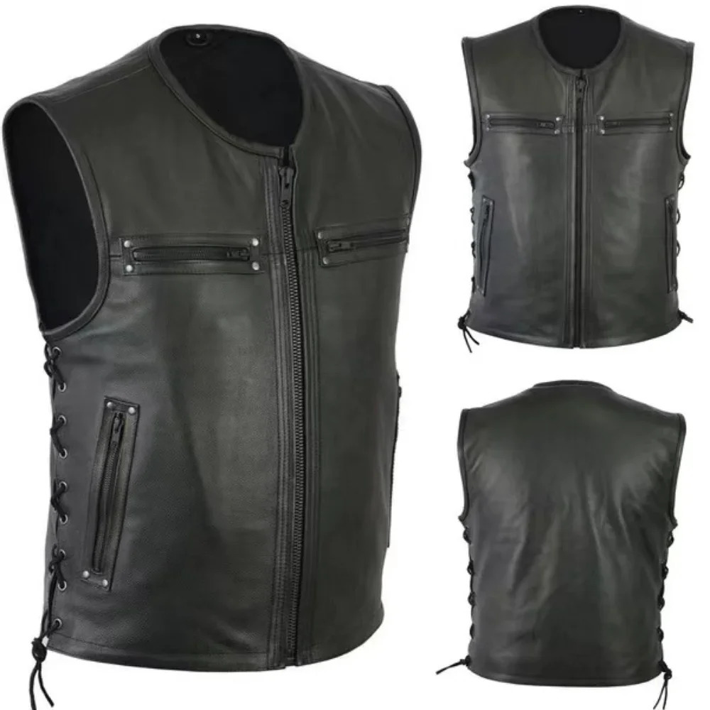 2023 Solid Color Mens Vest Motorcycle Standing Collar PU Leather Jackets Team Punk Sleeve Tops Male Large Size 5XL 250725