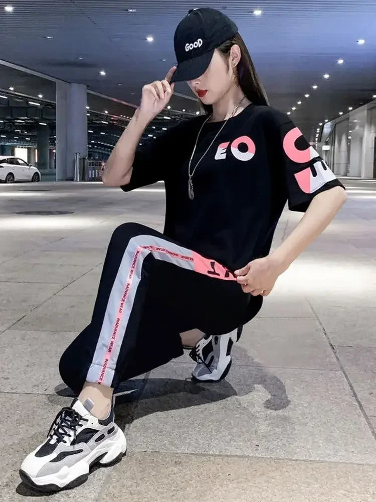 2 Pieces Sets Women Sportswear Printed T-shirt Women Sports Pants Casual Tracksuit Female Clothing 250717