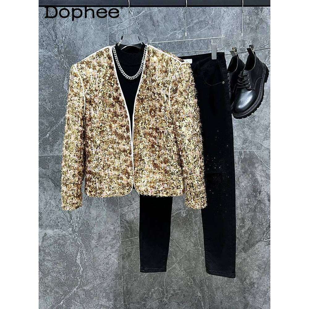 2024 New Fashion Coats High-End Sequined Long-Sleeve Small Fragrant Loose Jacket Trendy Men's Solid Color Short Jackets