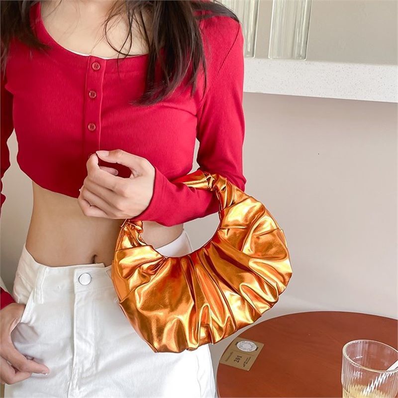 Luxury Brand Designer Bag Women's Bag New Glossy Metal PU Luxury bag Cloud Bag Fashion Pleated Design Handbag European And American Style Women&#
