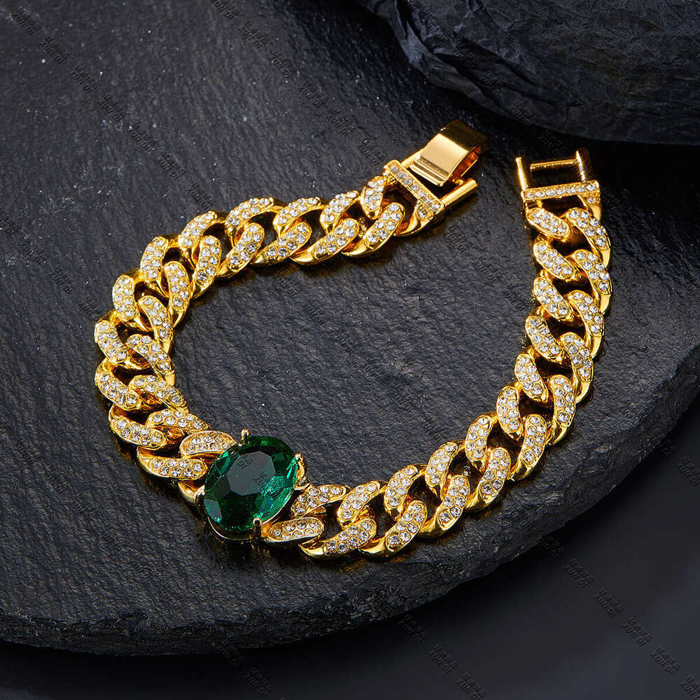 New Hip-Hop Alloy Rhinestone Luxurious Versatile 13mm Emerald Cuban Chain Necklace Special