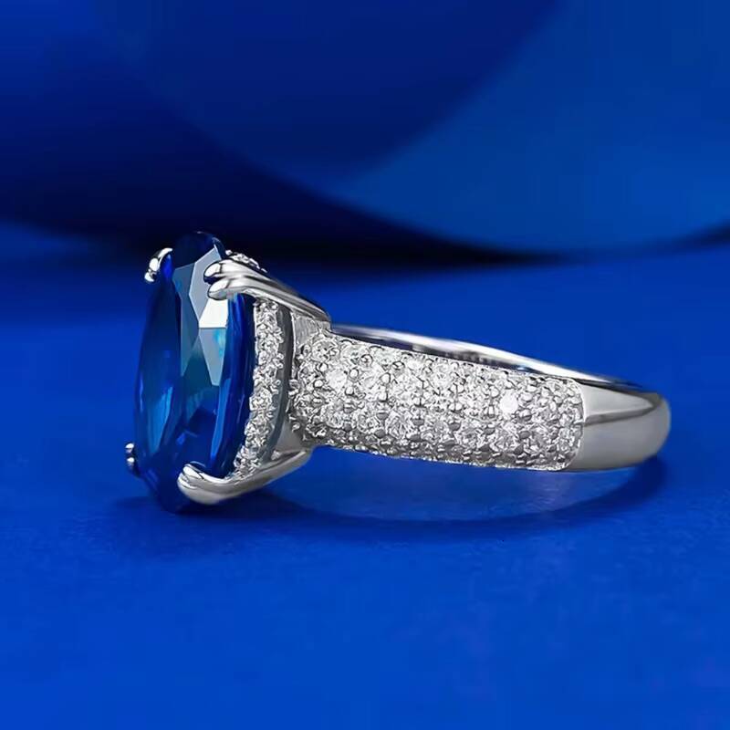MEENOY Wholesale Price Sterling S925 Silver Micro Inlaid Zircon Jewelry Oval Blue Sapphire Wedding Ring