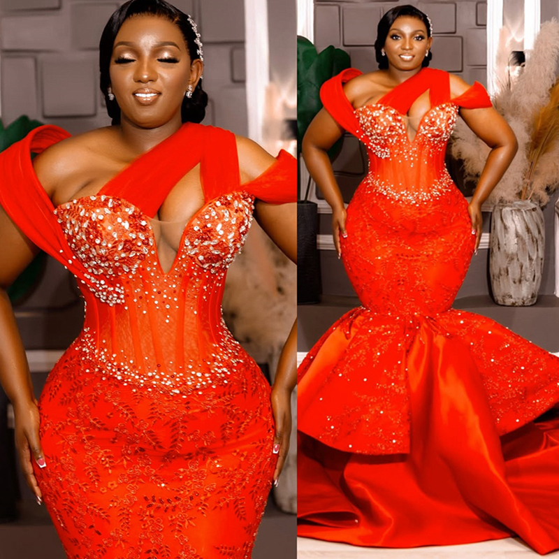 2025 Plus Size Red Prom Dress Evening Dresses Mermaid Formal Gowns For Black Women One Shoulder Pearls Beaded Lace Birthday Dress Second Reception Gow