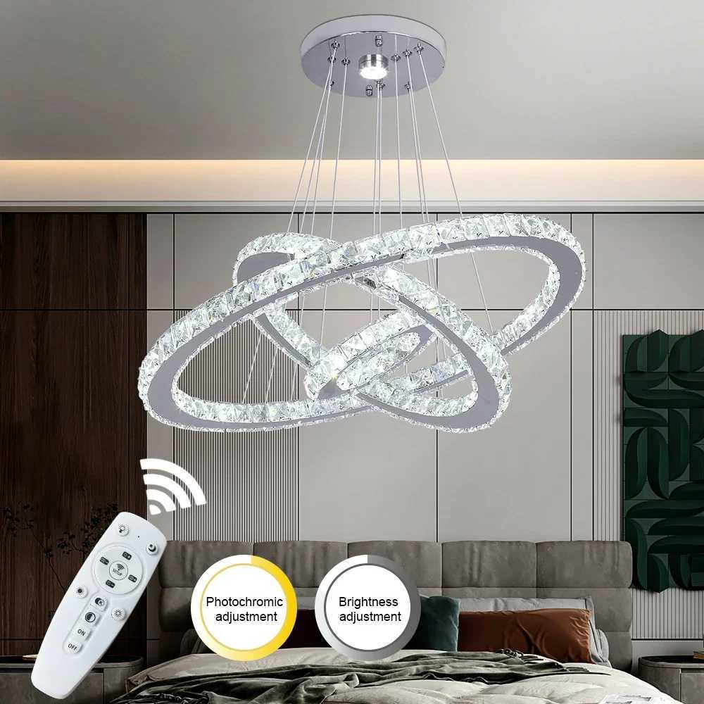 Luxury Crystal Led Chandelier Lamp Home Luminaire Rings Adjustable Pendant Light Fixture With Remote Control Bedroom Living Room XJ250725
