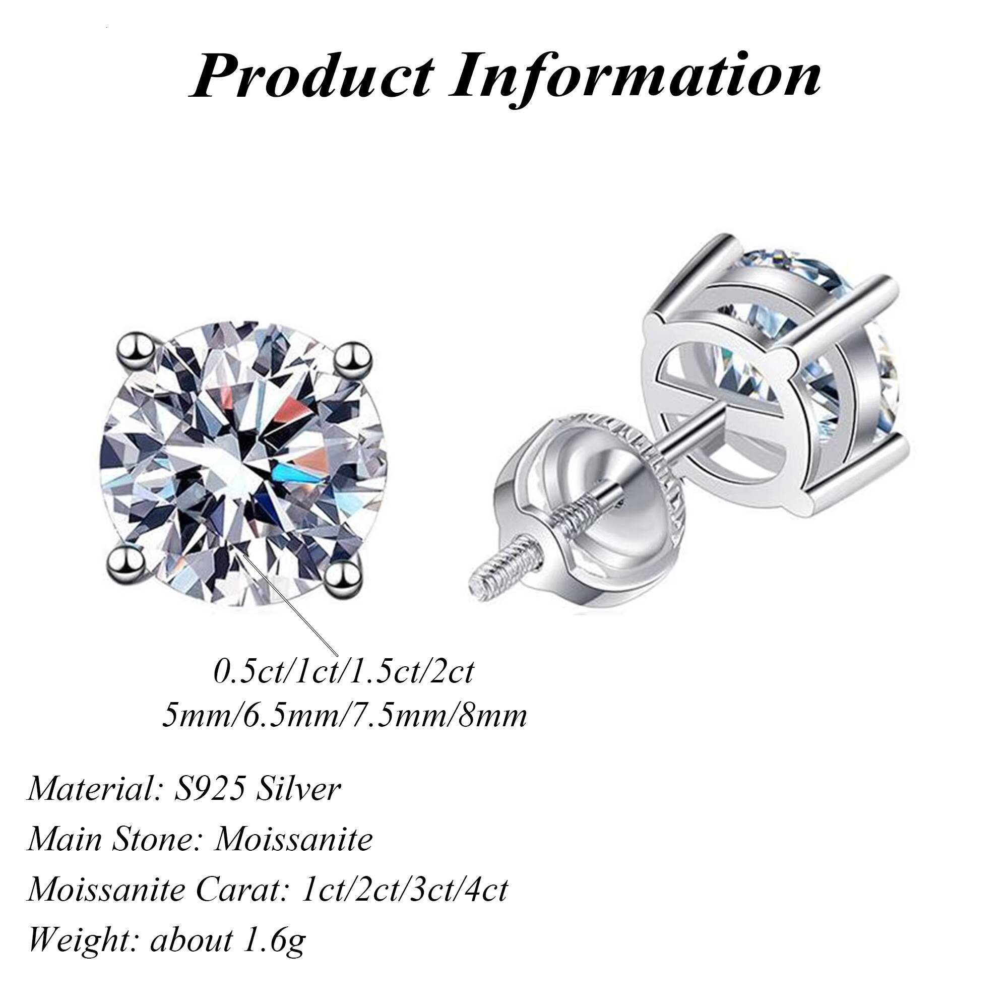 Classic 4 Prong Stud Earrings White Gold 925 Sterling Silver Moissanite Ear Stud 5mm 6.5mm 7.5mm 8mm for Men