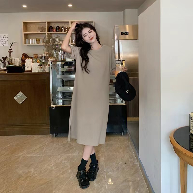 D82702 New large size short-sleeved casual dress for women in summer 2023 new loose solid color medium-length over the knee