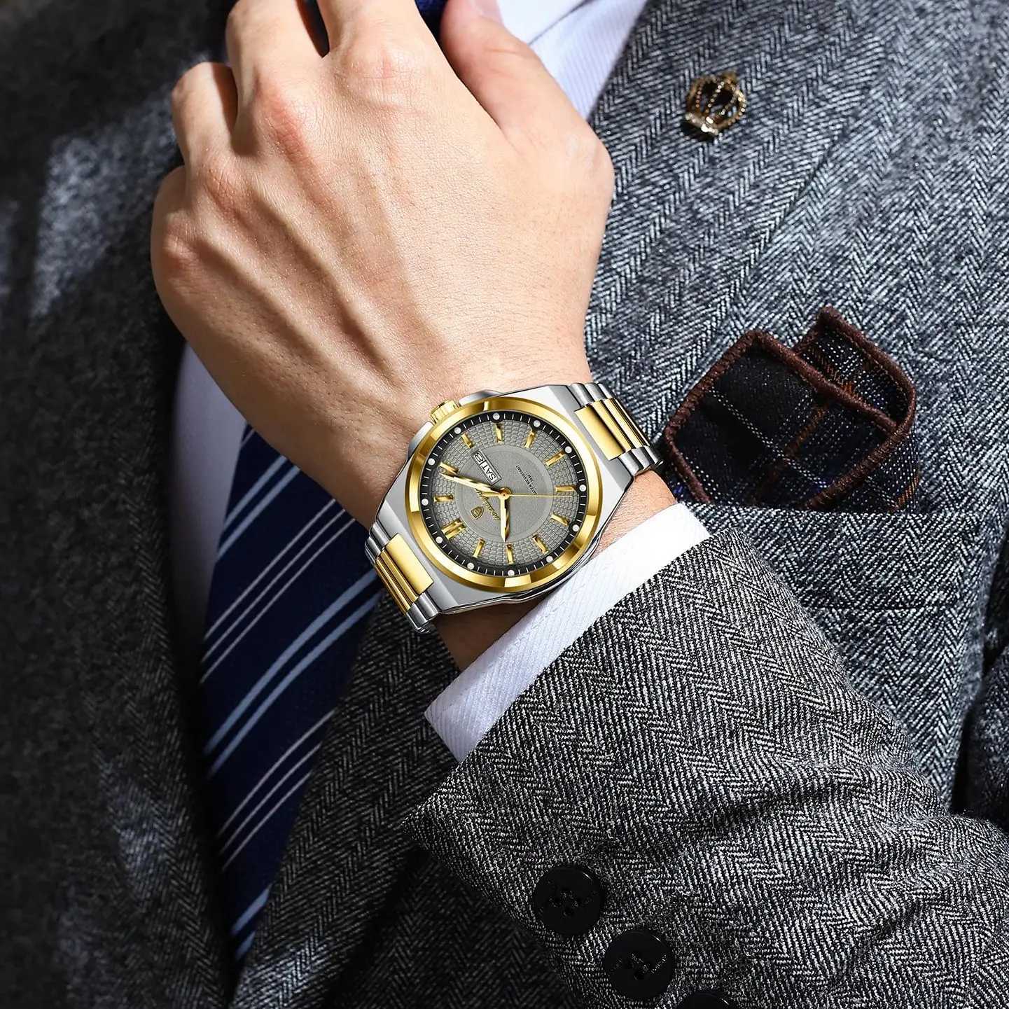 POEDAGAR Luxury Mens Wristwatch Stainless Steel Date Week Man Watch Waterproof Luminous Business Fashion Quartz Watches For Men X2507264