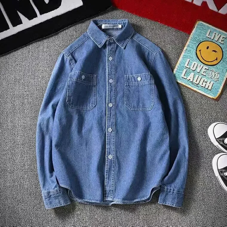 Japanese Vintage Denim Long Sleeve Shirt Mens Autumn Casual LooseFit Jacket Top Electric Welding Work Plus Size 250725