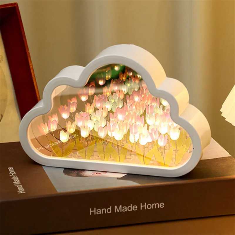 1pc Handmade DIY Cloud Tulip Lamp LED Night Light Mirror Table Lamp Bedroom Ornaments Decoration Flower Sea Atmosphere Lamp XJ250725