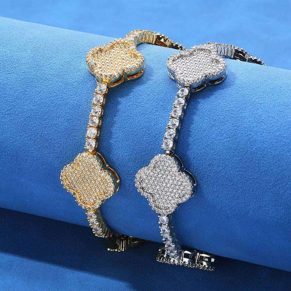 NUOYA Hip Hop Fine Jewelry Sterling Sier Four-Leaf Clover White Gold VVS Moissanite Tennis Chain Bracelet for Women Gift