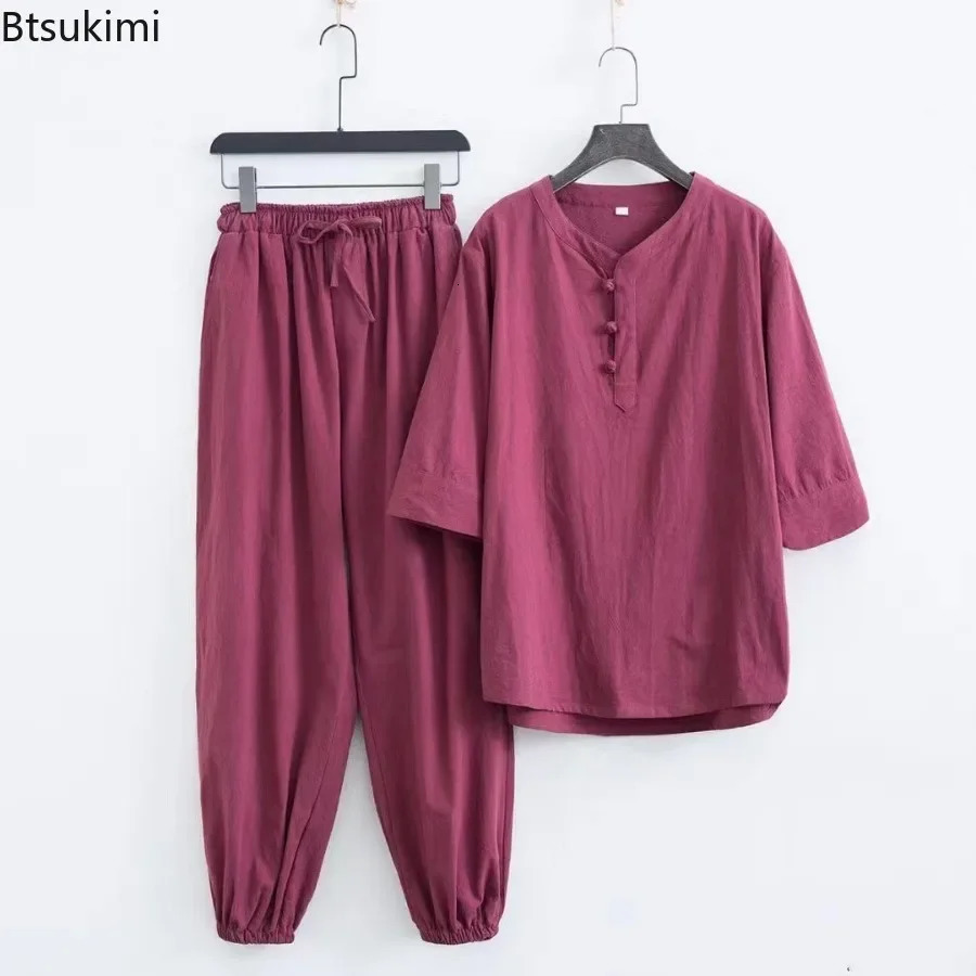 Mens Cotton Linen Sets Chinese Style Solid Short Sleeve Pants Two Pieces Traditional Clothes Kung Fu Uniform Tang Suit Male 250724