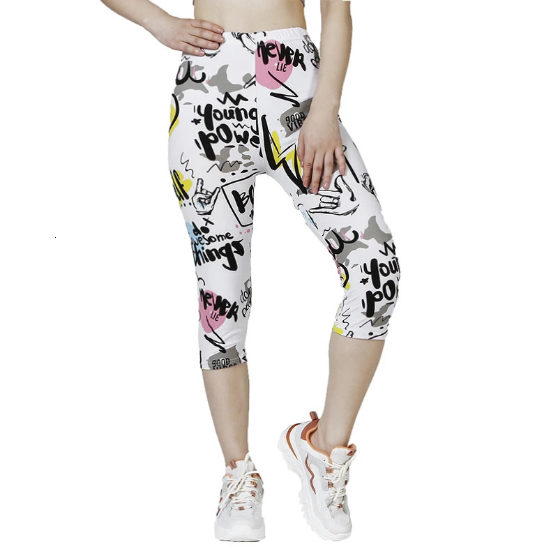 K471 Summer s Leggings White Yellow Letters Cloud Printed Soft and Elastic Casual Sportswear for Women 250725