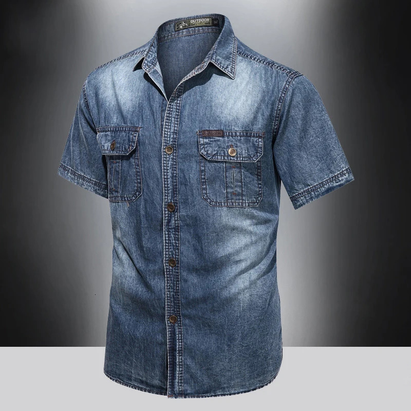 Summer menspure cotton denim short sleeved shirtAmerican loose fitting workwear topice silk quick drying casual versatile top 250725