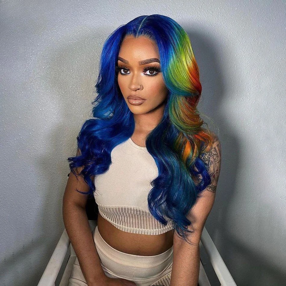 Blue Wig Multi Colored Lace Front Wig Body Wave Human Hair Blue With Red Green Highlight Synthetic 13X4 Lace Closure Pre Plucked 180% peruca