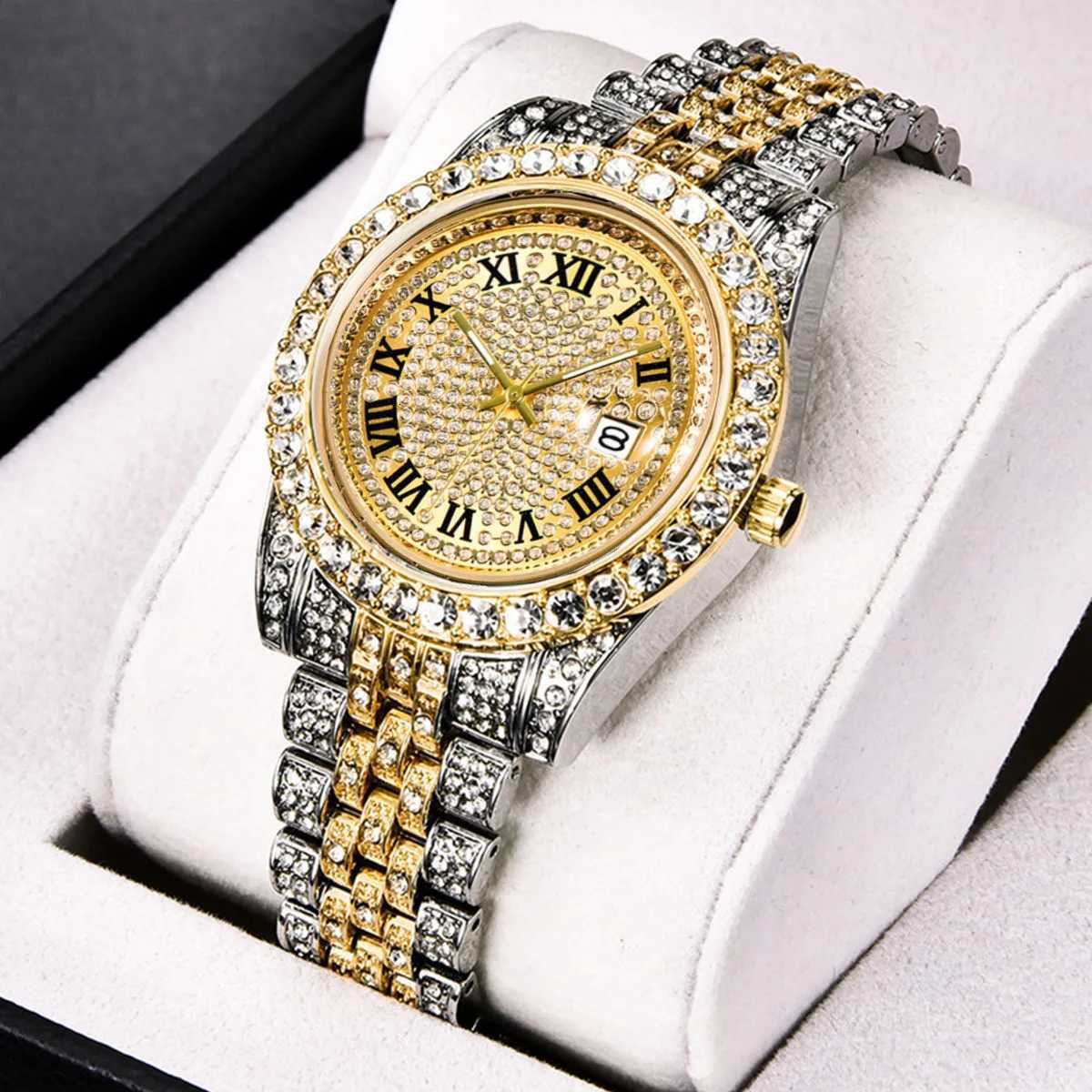 Fashion Luxury Brand Quartz Watches Men Hiphop Rhinestones Cuban Chain Bracelet Set Auto Smart Business Watches Gifts For Him X250726