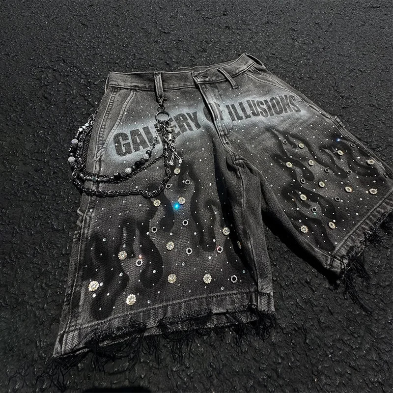 2K Fashion Distressed Jeans Retro Rhinestone Flame Pattern Printing Casual Washed Denim Shorts Men Women High Waist Streetwear 250724