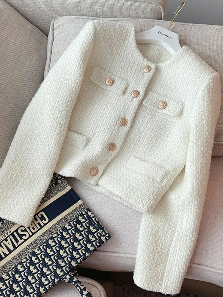 Zoki Chic White Tweed Jackets Women Casual O Neck Sweet Korean Short Coats Fashion Long Sleeve All Match Single Breasted Tops 250725