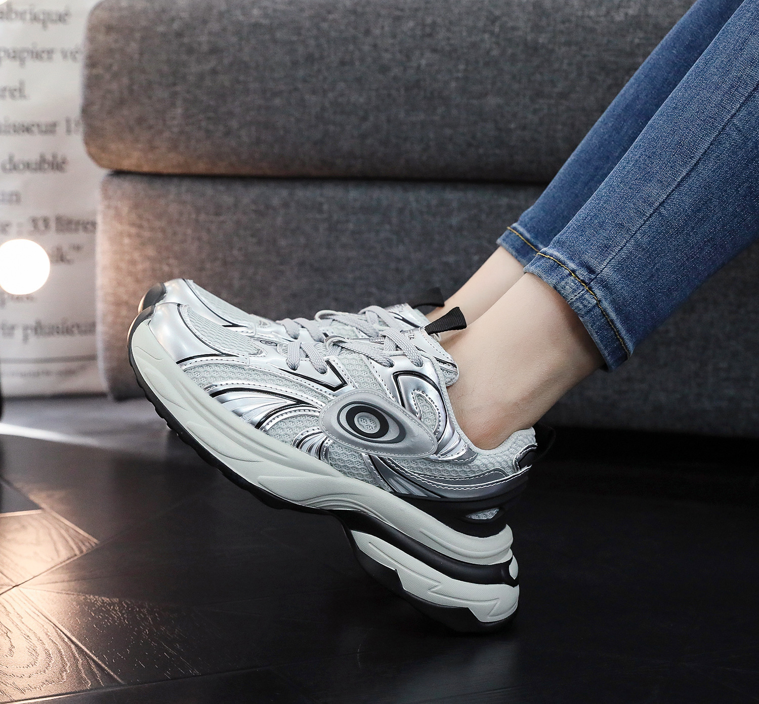 Men's and Women's new Fashion Thick - soled Silver Dad Shoes Women's Lightweight Summer Sports Shoes for Casual Running Suitable for Bo