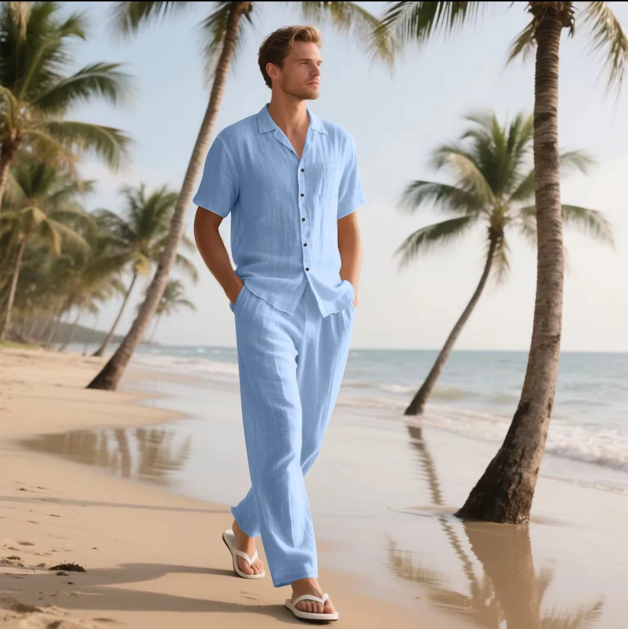 Summer Beach Mens Linen Short-Sleeved Shirt Set is a Two-Piece Long Pants Set Suitable for Daily Casual Beach Vacations 250725