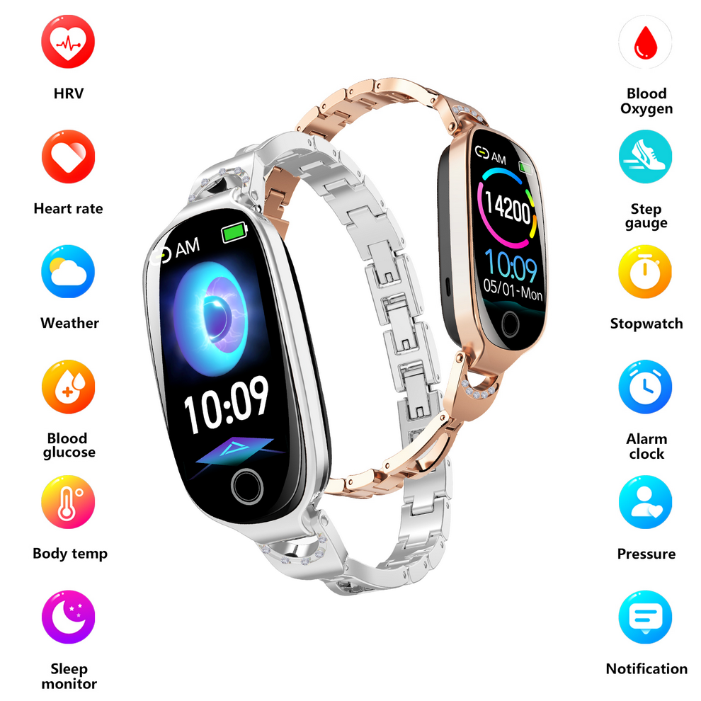 Luxury Ladies Smart Watches 1.1 Inch HD Touch Screen Rose Gold Jewelry Bracelet Health Sleep Monitor Fitness Tracker Female Girl Style Couple Watch Chain iOS Android